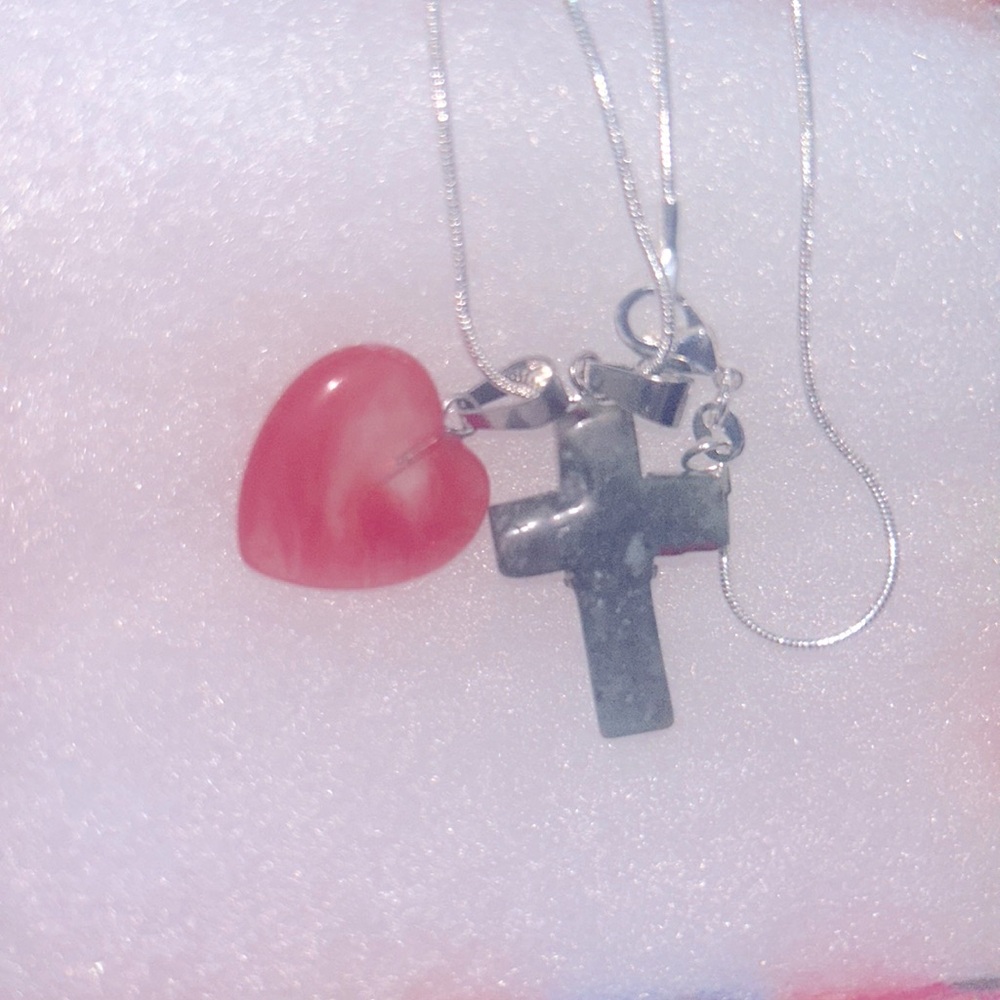 Boho hippie Aventurine Cross Cherry Quartz Heart Sterling Silver 16” Necklace